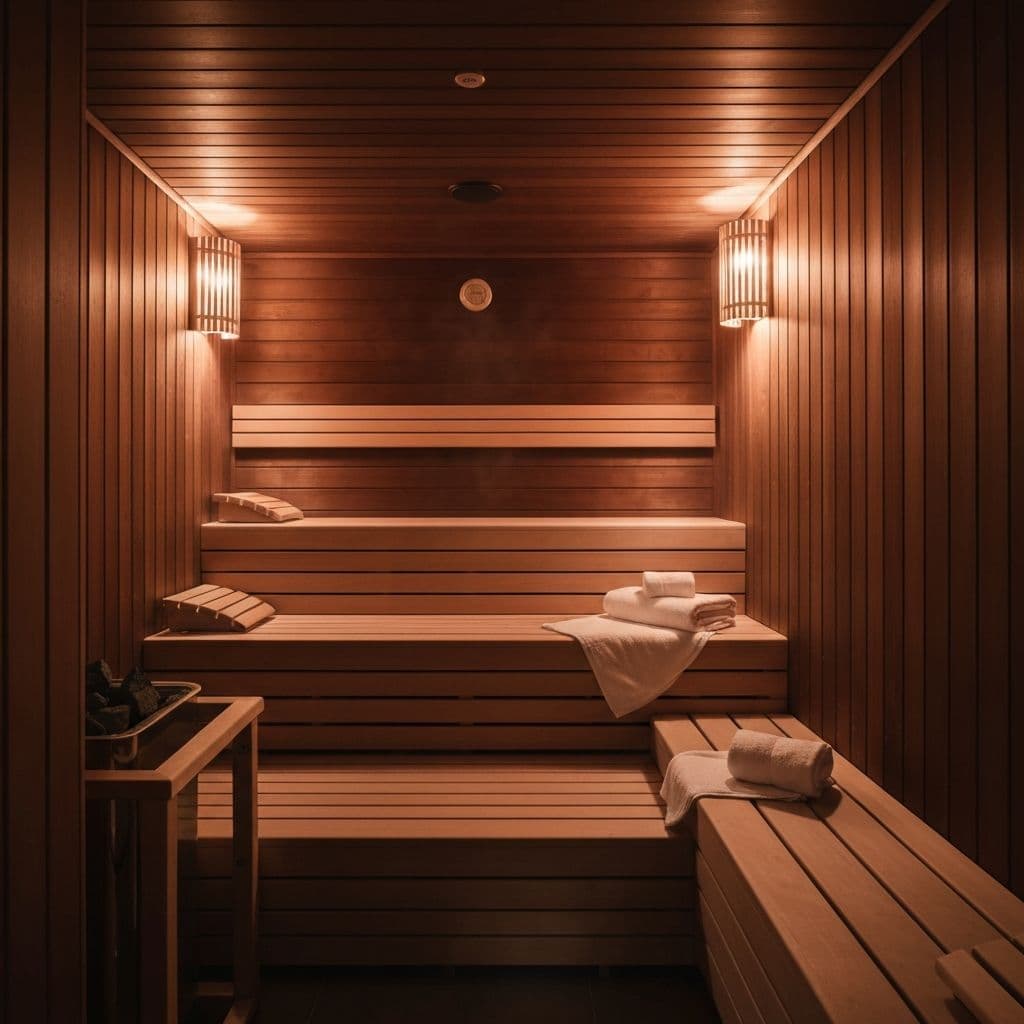 Luxuriöse private Sauna mit warmem Holz und Ambient-Beleuchtung